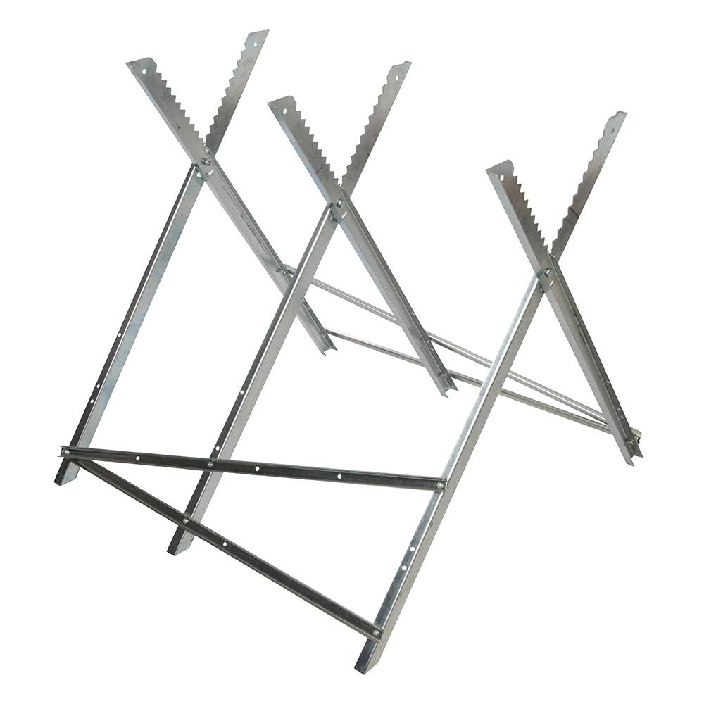Metall-Sägebock mit dreieckigen Stützen und gezahnten Kanten zum Halten von Holzstämmen. Geeignet zum sicheren Schneiden und Stabilisieren von Holz.