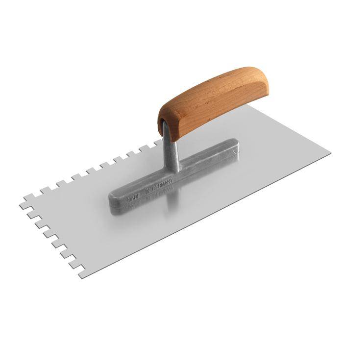 Glättekelle - rostfrei - gezahnt E8 - 280 x 130 x 0,7 mm - mit ergonomischem Holzgriff
