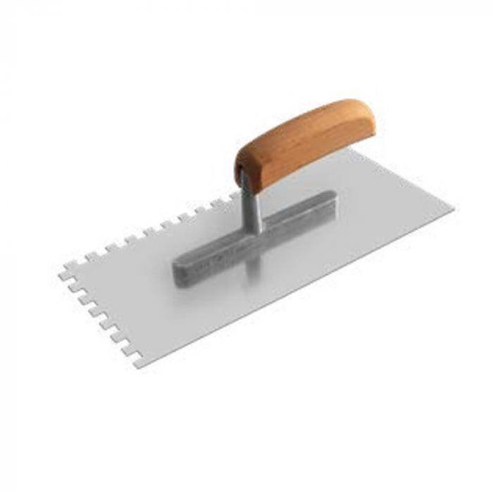Glättekelle - rostfrei - gezahnt E12 - 280 x 130 x 0,7 mm - mit ergonomischem Holzgriff