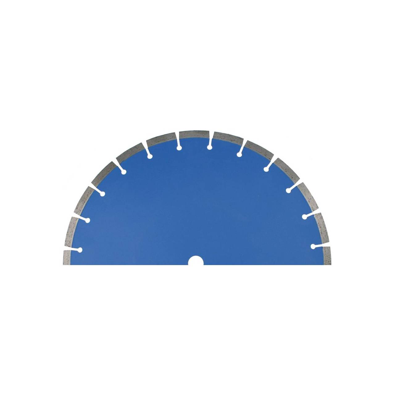 Blaue halbkreisförmige Sägeblatt mit gleichmäßig verteilten Zähnen und einem zentralen Befestigungsloch, isoliert auf weißem Hintergrund.