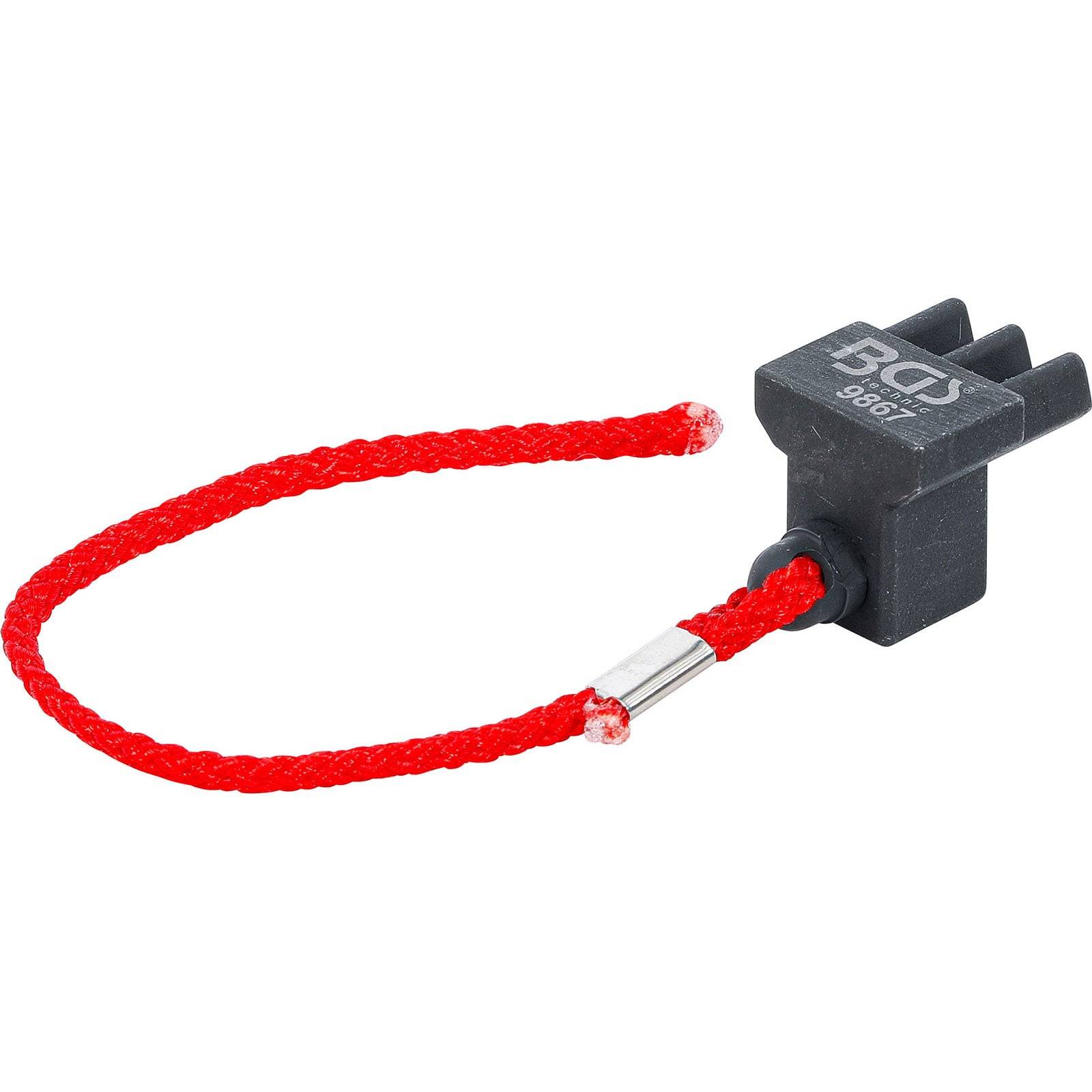 Eine rote Motorölmessstab-Sonde mit einem schwarzen Kunststoffgriff, beschriftet mit 