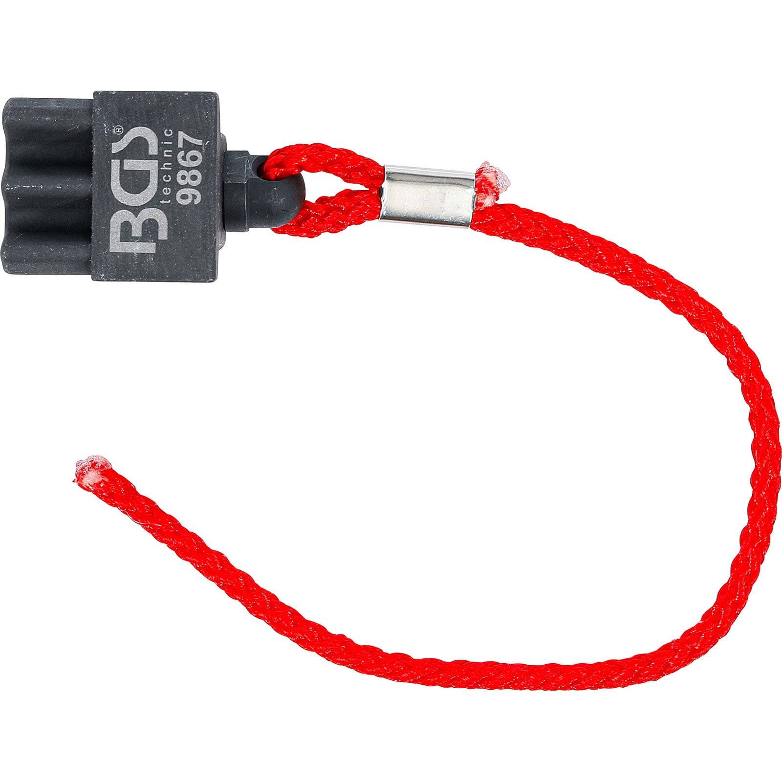 Ein schwarzer, rechteckiger Schraubenbitenhalter mit der Aufschrift 'BGS 9867' und einer angebrachten roten Schlaufenschnur.
