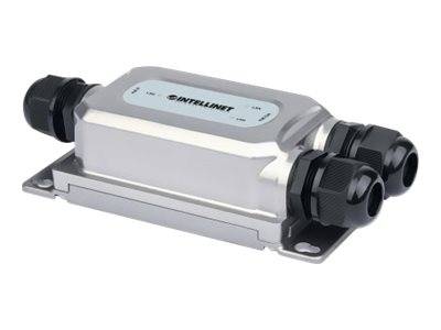 Eine silberne rechteckige elektronische Verteilerdose mit schwarzen Kabelverschraubungen an beiden Enden, dargestellt auf weißem Hintergrund.