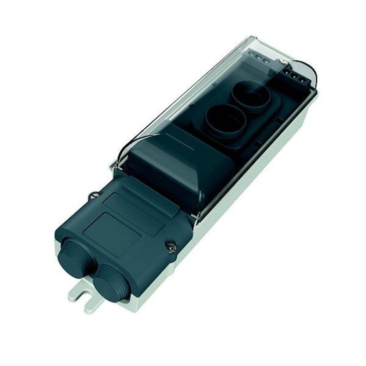 Eine rechteckige schwarze und graue elektrische Komponente mit zwei großen kreisförmigen Steckdosen und einer transparenten Schutzabdeckung.