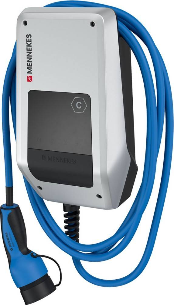 Elektrische Ladestation für Elektrofahrzeuge mit elegantem Design, blauem Ladekabel und Mennekes-Branding, was auf einen Typ-C-Anschluss hinweist.