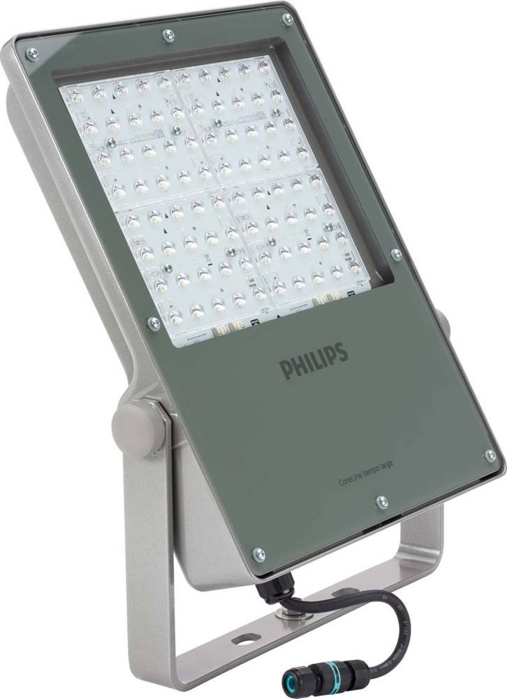 LED-Außenstrahler von Philips mit rechteckigem Panel mit mehreren LED-Lampen, montiert auf einer verstellbaren Halterung.
