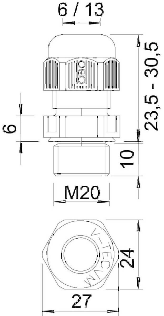 Technische Zeichnung eines Gewindeanschlusses mit der Bezeichnung 'M20', mit Abmessungen: Höhe 23,5-35 mm und Breite 6 mm.