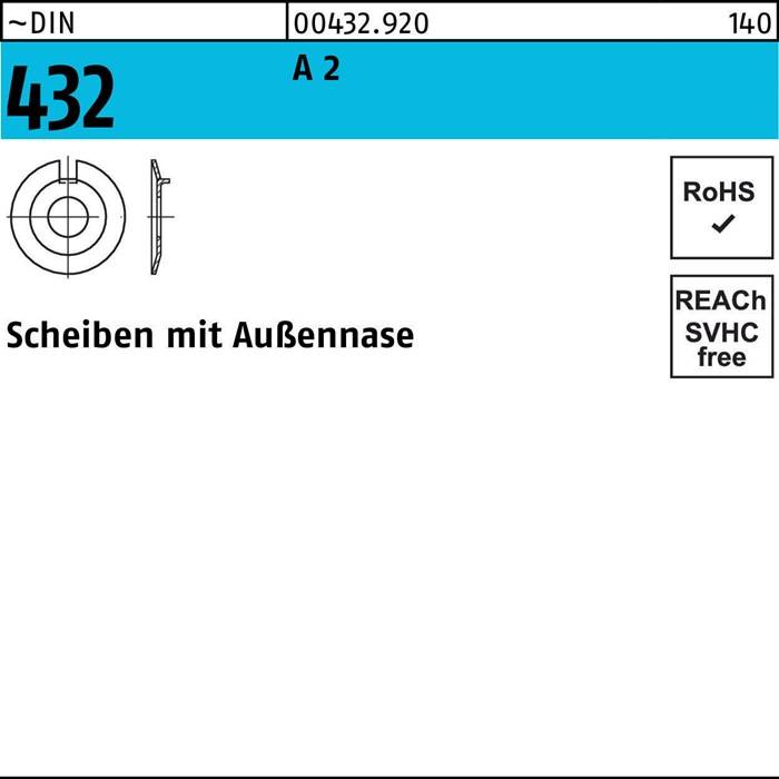 Technische Zeichnung einer Scheibe mit Bezeichnung 'A2', Teilenummer 00432.940, RoHS-konform. Text lautet 'Scheiben mit Außennase', SVHC-frei.