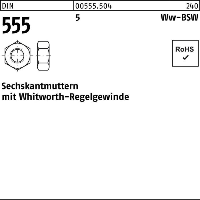 Sechskantmuttern mit Whitworth-Regelgewinde', Diagramm einer Sechskantmutter mit Gewindebezeichnung, im oberen rechten Bereich RoHS-konform gekennzeichnet.