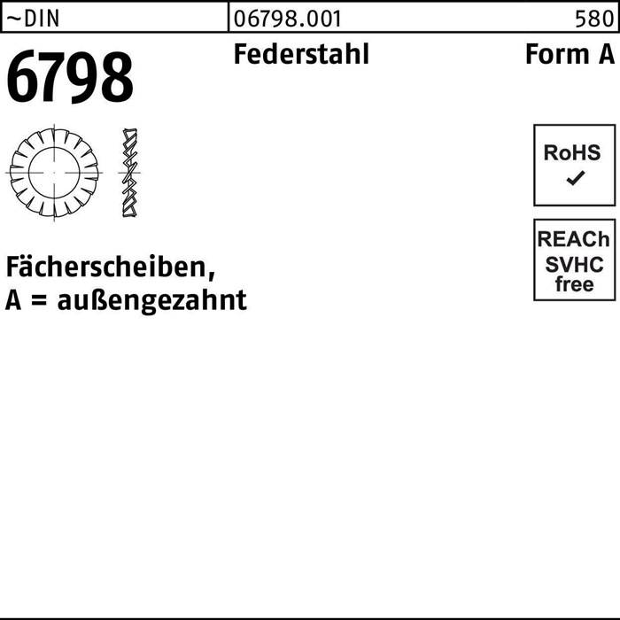 Diagramm einer Fächerscheibe, beschriftet mit Spezifikationen: '6798', 'Federstahl', 'Form A', 'A = außengezahnt', RoHS, und REACH-konform.