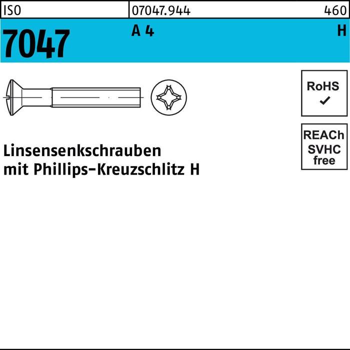 Linsenkopfschraube mit Kreuzschlitz Phillips 7047'. Konformitätssymbole für RoHS und REACH SVHC sind auf der rechten Seite abgebildet.