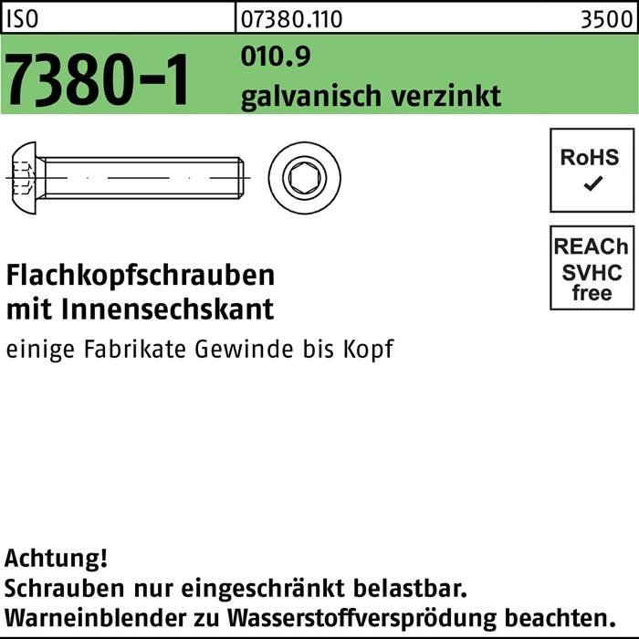 Flachkopfschraube ISO 7380-1 Innen-6kt M16x30 010.9 galv.verz. 100St.