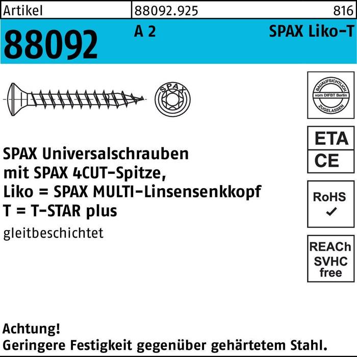SPAX Universalschrauben, 4CUT-Spitze, Linsensenkkopf, ETA-zertifiziert. Text: 'SPAX 4CUT-Spitzen', 'T = SPAX PLUS', 'Linsensenkkopf'.
