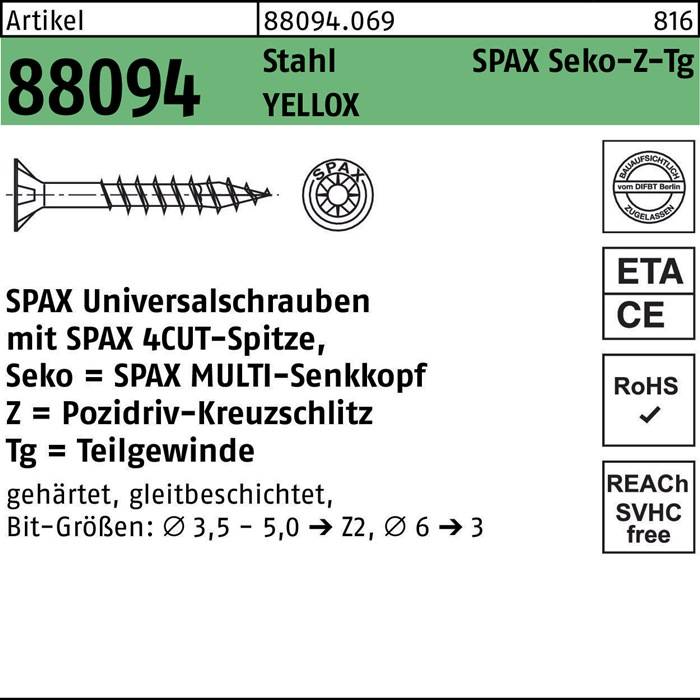 SPAX 4CUT Schrauben, Pozidriv-Kreuzschliff, verzinkter Stahl, Teilgewinde; Größen Ø 3,5 - 5,0, Länge 26 - 60 mm.