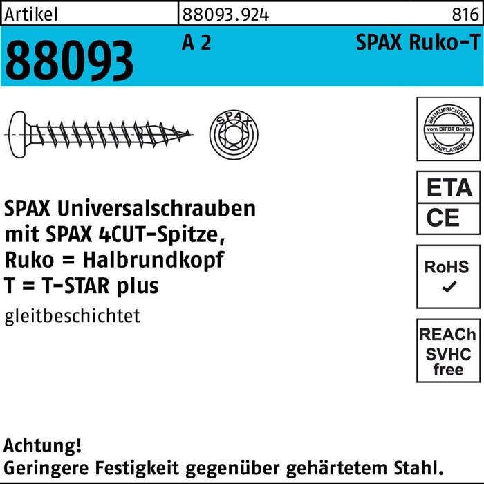 SPAX Universalschrauben mit Produktdetails: 4CUT-Spitze, T-Star plus Kopf, Stahl, 80 mm Länge. Zertifizierungen umfassen ETA, CE, RoHS, SVHC.