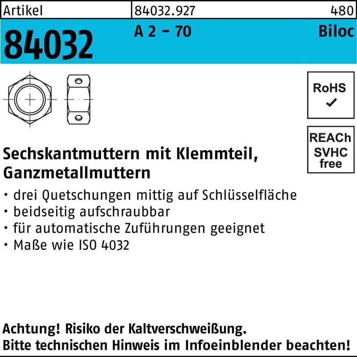 Vollmetall-Sechskantmuttern mit Klemmteil; RoHS, SVHC-konform.