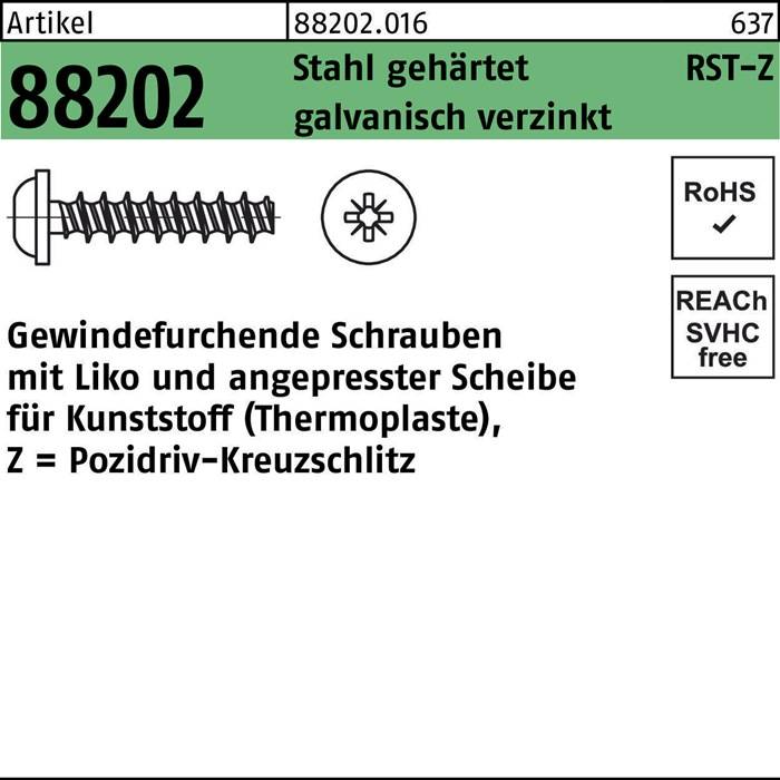 Schraubenspezifikationen: Artikel 88202.016, 637 Stück, Pozi-Antrieb, für Kunststoff, RoHS, REACh-frei, verzinkter Stahl, ST = 37.
