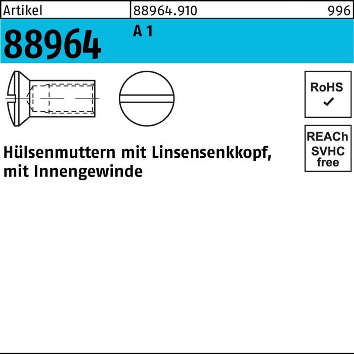 Ein Etikett mit Informationen über eine '88964' Hülsenmutter mit Linsenköpfchen, Innengewinde, konform mit RoHS- und REACH-Vorschriften.