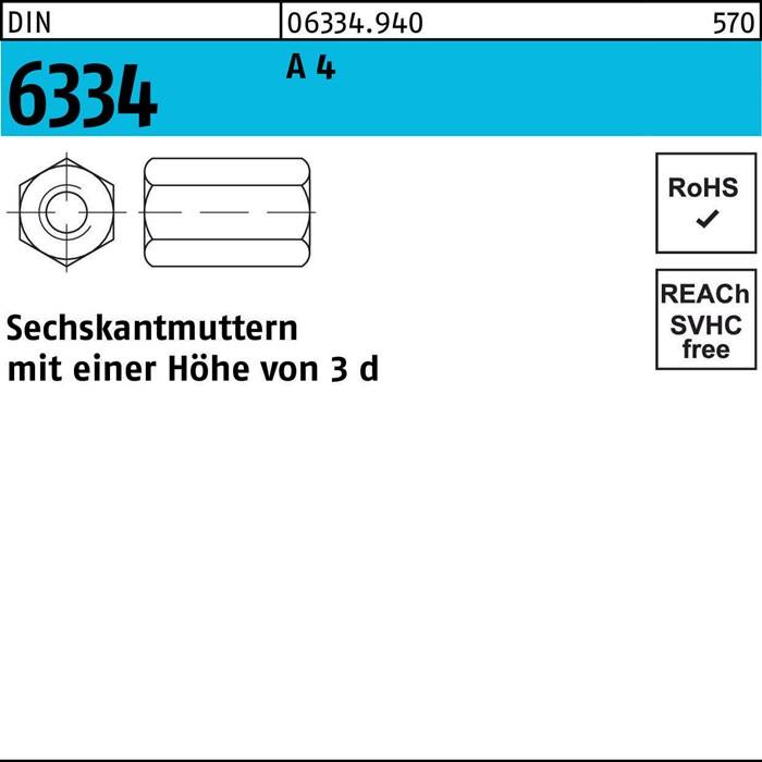 Sechskantmutter, M3 mit 3 mm Höhe, beschriftet mit '6334 A4'. Gekennzeichnet als RoHS- und SVHC-frei.