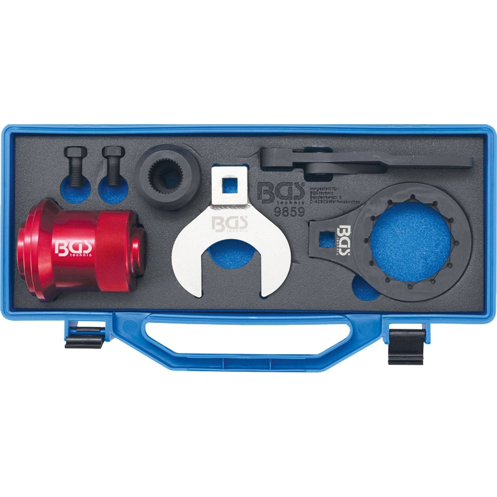 Werkzeugset, das in einem blauen Koffer ausgelegt ist und verschiedene rote und silberne Werkzeuge zur Fahrradreparatur enthält, die ordentlich in Schaumstoffschlitzen angeordnet sind.