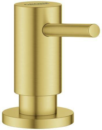 Ein goldfarbener Seifenspender mit einer zylindrischen Basis und einem horizontalen Hebel an der Oberseite zum Ausdosieren von Seife.