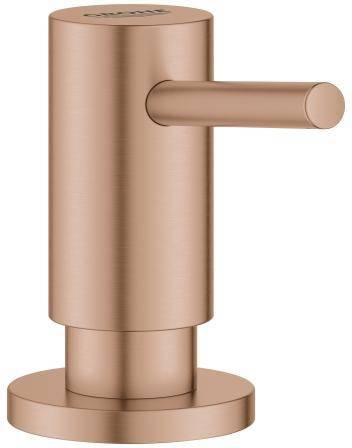 Ein schlanker, bronzefarbener Seifenspender mit einem zylindrischen Körper und einem horizontalen Ausguss, geeignet für eine moderne Küche oder ein modernes Badezimmer.