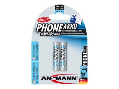 Verpackung für ANSMANN PHONE AKKU NiMH 800 mAh wiederaufladbare Batterien, die zwei AA-Batterien in einer Blisterpackung zeigt.
