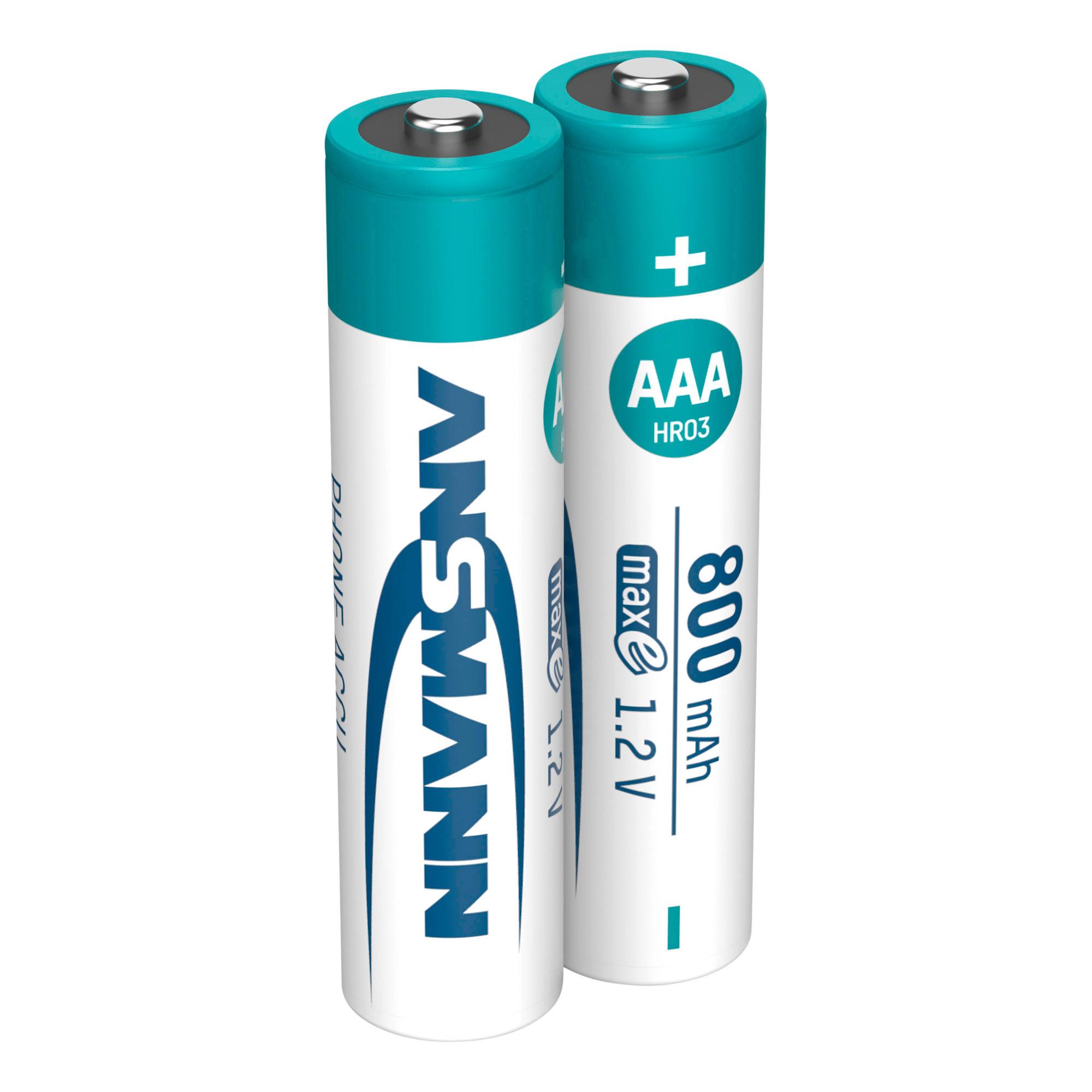 Zwei aufrecht stehende wiederaufladbare AAA-Batterien mit den Aufschriften 