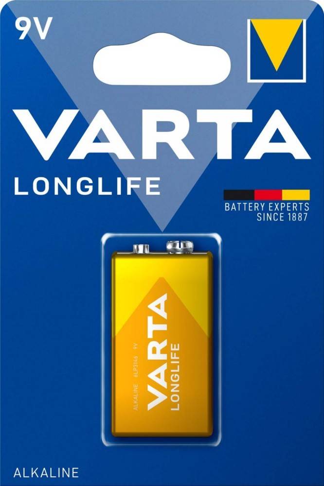 Verpackung für Varta Longlife Batterie mit blau-gelber Gestaltung. Enthält den Text ‚Batterieexperten seit 1887' und Farben der deutschen Flagge.