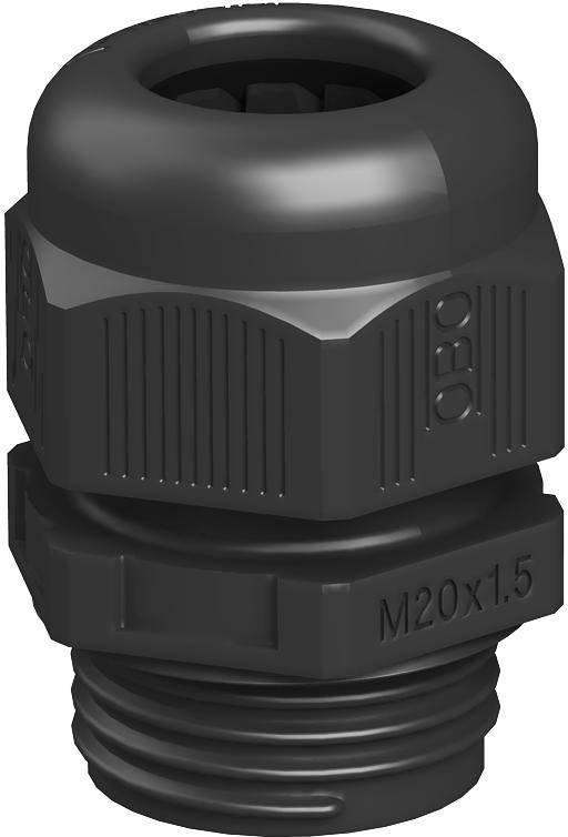 Kabelverschraubung aus Kunststoff mit Gewinde, gekennzeichnet mit M20x1.5, zur Sicherung von Kabeln. Sechseckiger Kopf mit gerillten Seiten für besseren Halt. Markierung eingeprägt.
