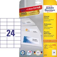 Avery Zweckform Universal Etiketten Packung mit 24 weißen Etiketten pro Blatt, mit Produktabbildung und „24er" Gitter-Symbol.