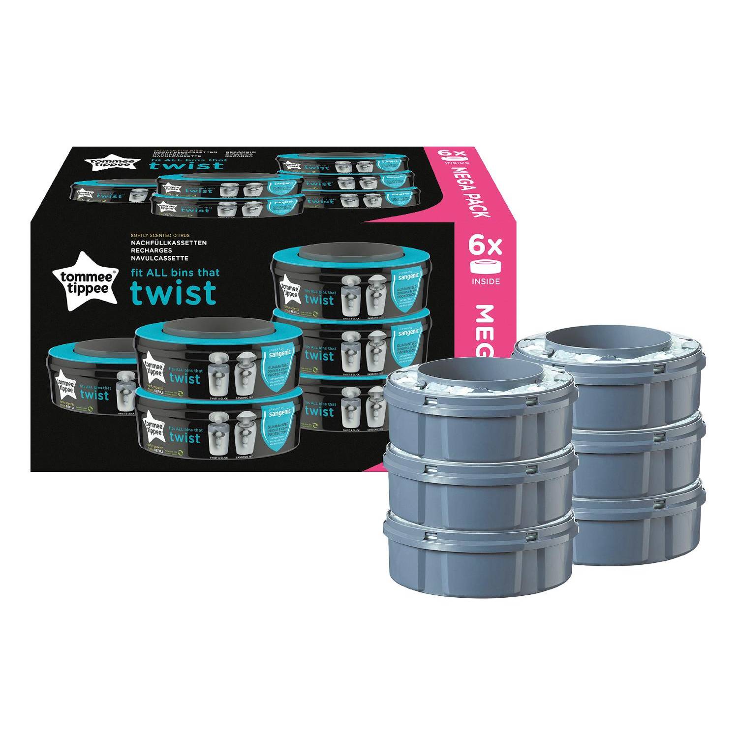 TOMMEE TIPPEE Nachfüllkassette Twis &Click + Sangenic Tec Windeleimer Set (6er Pack)