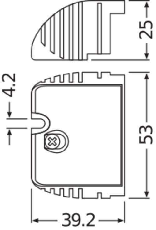 Eine technische Zeichnung einer rechteckigen elektronischen Komponente mit markierten Abmessungen: 53 mm hoch, 4,2 mm breit. Zeigt ein Schraubendetail.