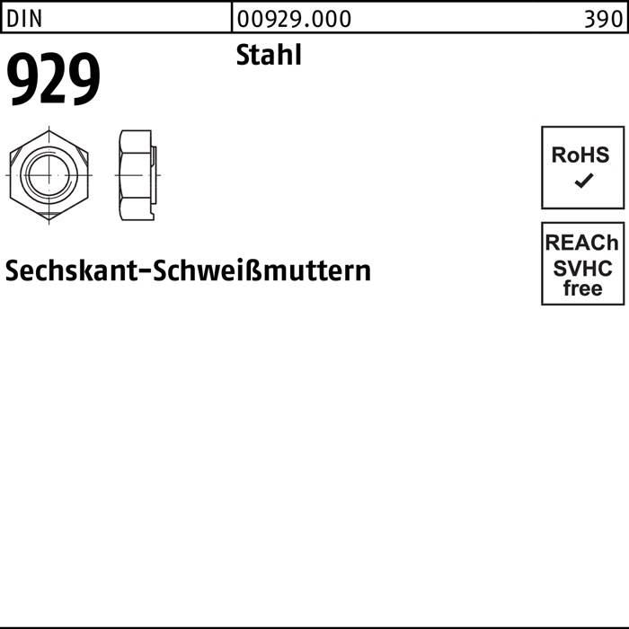 Sechskantanschweißmutter DIN 929 M16 Stahl 100 Stück