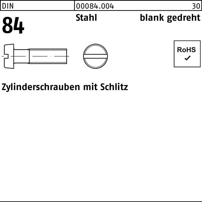 Zylinderschraube DIN 84/ISO 1207 Schlitz M1,6x 4 Stahl blank gedreht 100 Stück