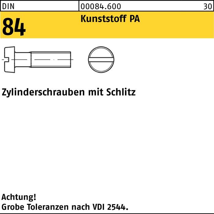 Zylinderschraube DIN 84/ISO 1207 Schlitz M3x 30 Polyamid 200 Stück