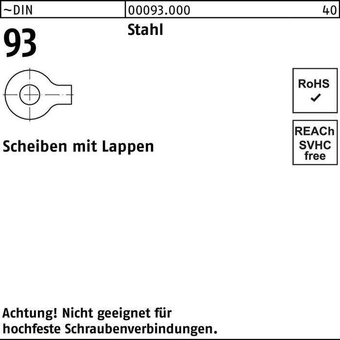 Technische Zeichnung einer Scheibe zeigt ein Loch mit einem Lappen. Der deutsche Text ‚Scheiben mit Lappen' bedeutet gelappte Scheibe. Kennzeichnungen enthalten ‚RoHS' und ‚REACH-frei'.