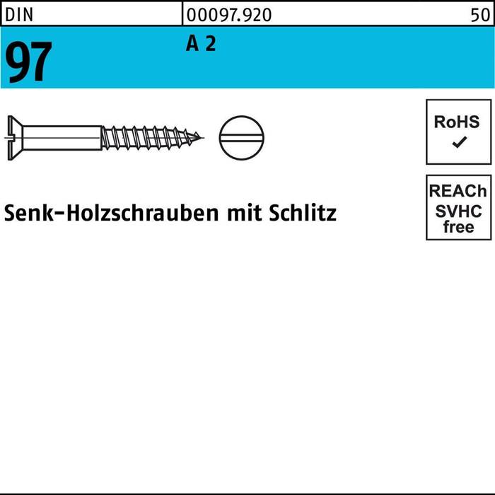 Etikett mit Aufschrift 'Senk-Holzschrauben mit Schlitz', mit einer Abbildung einer geschlitzten Holzschraube, RoHS-konform, mit der Mengenangabe '50'.
