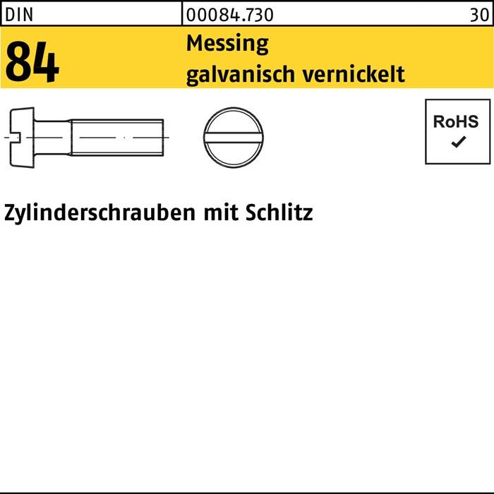 Zylinderschraube DIN 84/ISO 1207 Schlitz M4x6 Messing galv. vernickelt 200St.