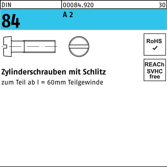 Zylinderschraube DIN 84/ISO 1207 Schlitz M2,5x 30 A 2 1000 Stück