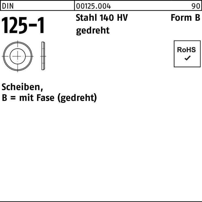 Zeichnung einer runden Scheibe mit Beschriftung 'Scheiben, 125-1'. Geschriebener Text enthält 'Stahl 140 HV gedreht', 'Form B' und 'RoHS' mit einem Häkchen.