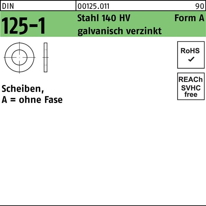Unterlegscheibe DIN 125-1 A 8,4x16x1,6 Stahl 140 HV galv.verz. 100St.