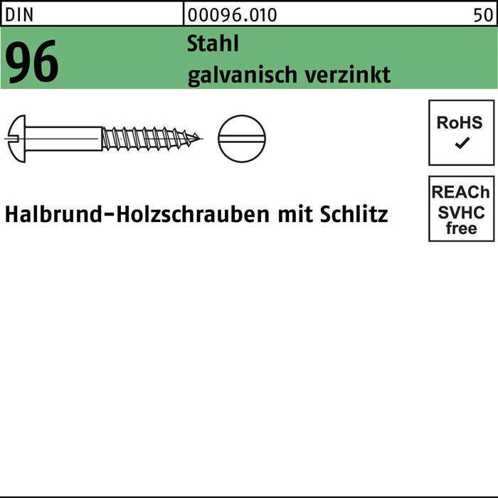 Halbrund-Holzschrauben mit Schlitz, Größe 96, aus verzinktem Stahl mit Schlitzantrieb und Konformitätssymbolen.