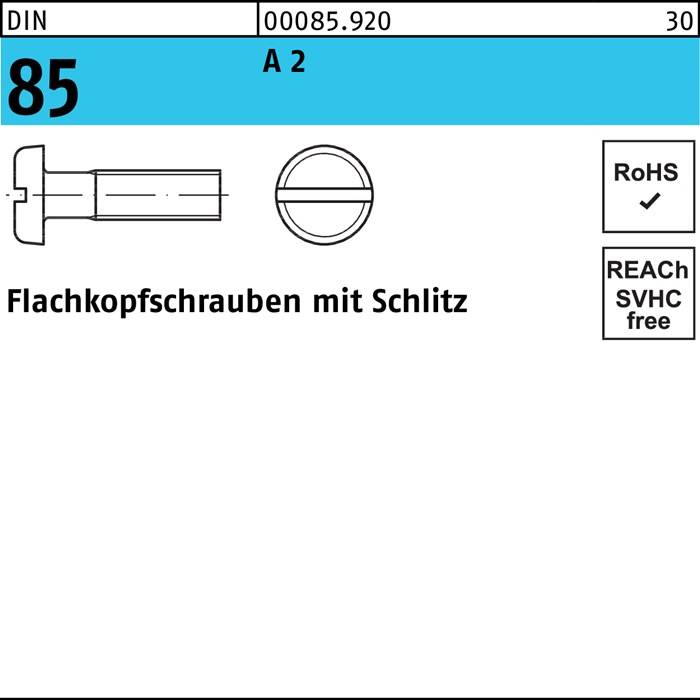 Flachkopfschraube DIN 85/ISO 1580 Schlitz M3x 35 A 2 200 Stück