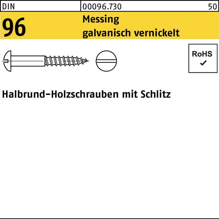 Messing galvanisch vernickelt' auf gelbem Hintergrund über einem Bild einer Schlitzholzschraube mit Rundkopf mit 'RoHS'-Etikett.