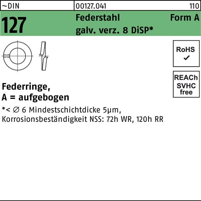 Federring, Produktnummer 00127.041, gefertigt aus verzinktem Material 8DISP*, 127 mm Durchmesser. Korrosionsbeständigkeit: 72h WR, 120h RP.