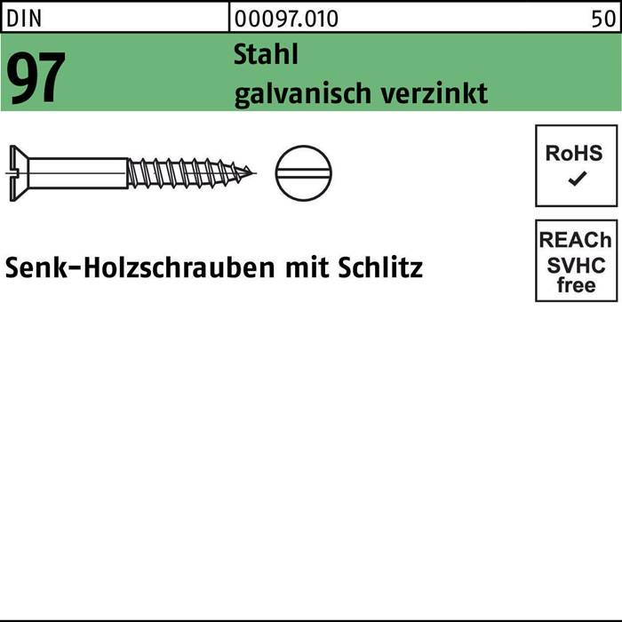 97 Senkkopfschrauben mit Schlitz aus Holz', bezugnehmend auf verzinkte Stahlsenkkopfholzschrauben mit Schlitz, RoHS- und SVHC-konform.