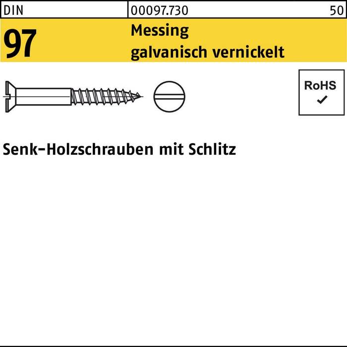 97 Messing galvanisch vernickelt, Senk-Holzschrauben mit Schlitz'. Abbildung zeigt eine Senkholzschraube mit Schlitz, RoHS-konform.