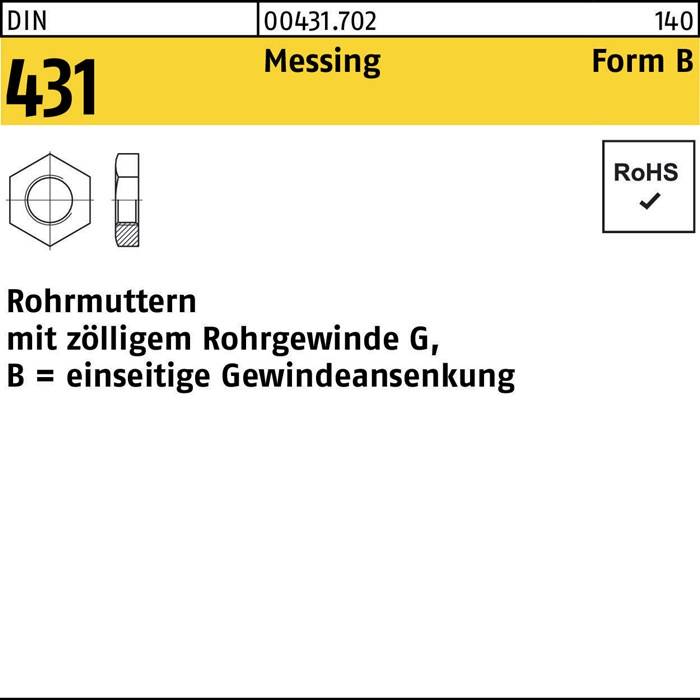 Eine Darstellung einer Messingrohrmuffe mit einem einseitigen Rohrgewinde. Text enthält 'Rohrmuttern aus Messing' und 'Rohrgewinde G'.