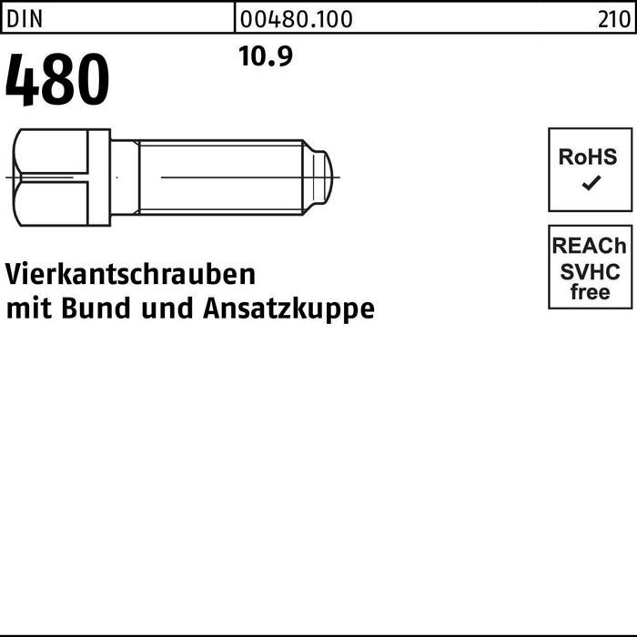 Eine Illustration zeigt eine Vierkantschraube mit einem Socketwürfel. Der Text lautet ‚VIERKANTSCHRAUBE mit Bundschrauben', was einen bestimmten Schraubentyp anzeigt. Die Bezeichnungen ‚RoHS' und ‚REACH free' sind angehakt, was die Einhaltung dieser Standards andeutet.